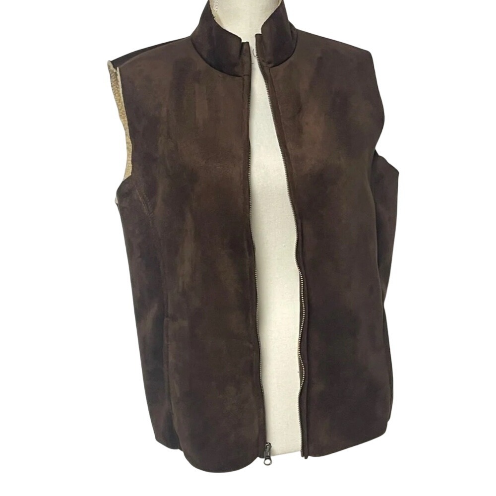 Land's End Sherpa Faux Suede Brown Vest Women's Large 14/16